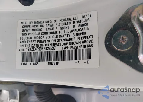 2019 Honda Insight Touring from USA, damaged, VIN 19XZE4F90KE027537